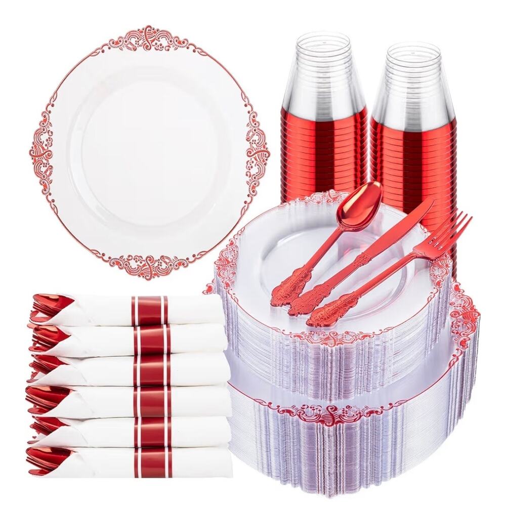 Hioasis 350pcs Clear and Red Plates - Red Party Plates for 50 Guests (C201)